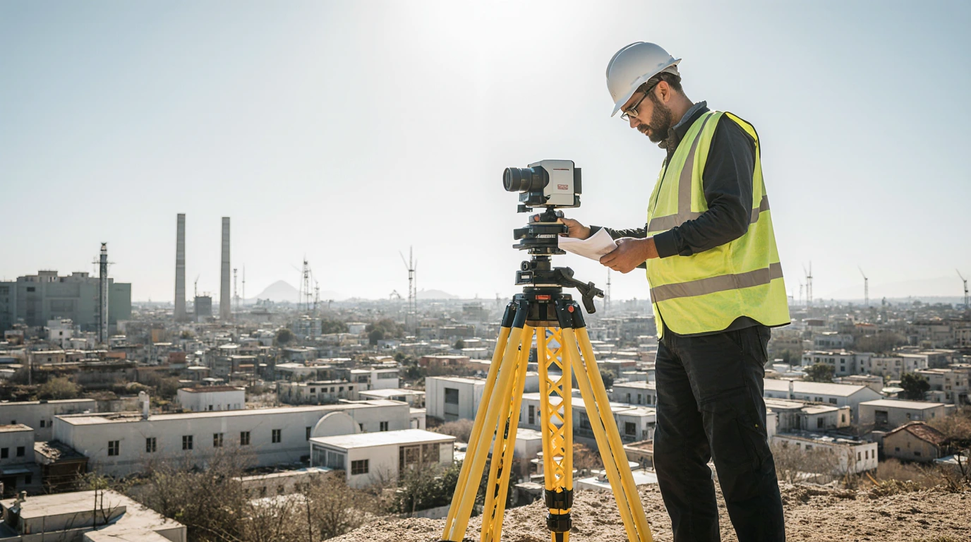 Géomètre-topographe expert au travail avec équipements de mesure